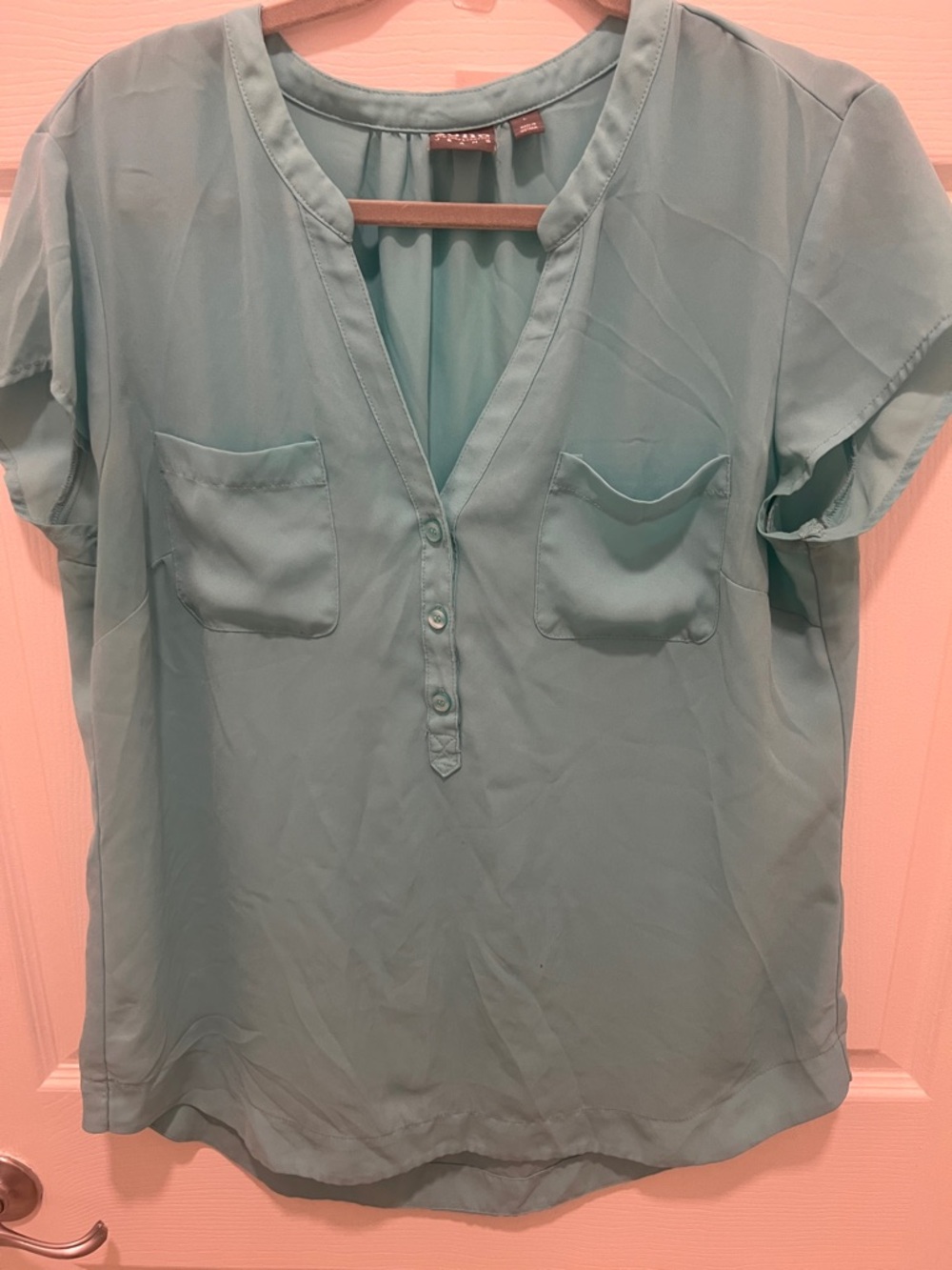 New York & Company Teal Short-Sleeve V-Neck Blouse